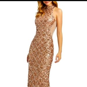 NWOT, Formal Mac Duggal Column Gown, Sz. 8, Rose Gold/Copper, sleeveless
